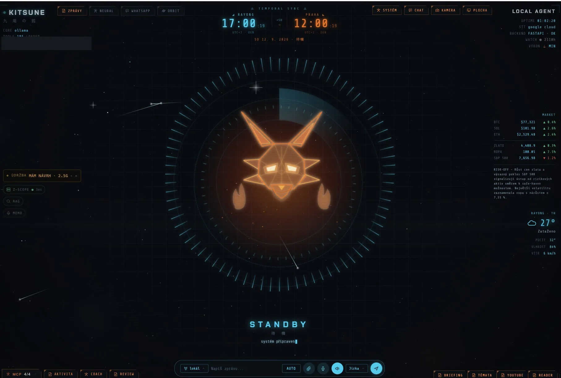 Kitsune — devítiocasá liška: sci-fi HUD rozhraní osobního AI agenta s liščí hlavou v radaru, hodinami Rayong/Praha, trhy a počasím